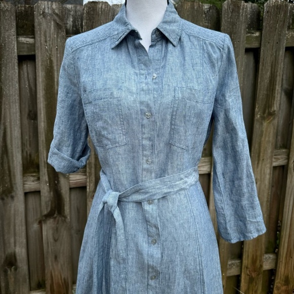 Max Studio Linen Blue Belted Button Down Shirt Dress Size Small - Picture 5 of 15